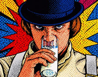 May include: Pop art style print featuring a person wearing a black bowler hat, suspenders, and a button-down shirt, drinking from a glass. The background is a burst of red, yellow, and blue dots and lines. The image has a comic book aesthetic.