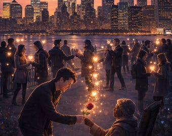 May include: A digital art piece depicts a romantic scene at dusk. A man offers a red rose to a person seated on a bench, with a cityscape backdrop. Heart-shaped lights float in the air, enhancing the romantic atmosphere.