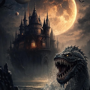 May include: Digital artwork of a gothic castle with multiple spires under a large, glowing moon. A monstrous dragon emerges from the water, its mouth open, revealing sharp teeth. Planets and bats are in the night sky.