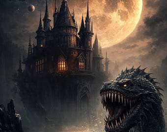 May include: Digital artwork of a gothic castle with multiple spires under a large, glowing moon. A monstrous dragon emerges from the water, its mouth open, revealing sharp teeth. Planets and bats are in the night sky.
