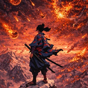 May include: An illustration of a figure in a blue and red kimono, holding two swords, standing on a snowy peak. The background features a fiery sky with meteors and exploding planets, and snow-covered mountains.
