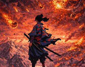 May include: An illustration of a figure in a blue and red kimono, holding two swords, standing on a snowy peak. The background features a fiery sky with meteors and exploding planets, and snow-covered mountains.