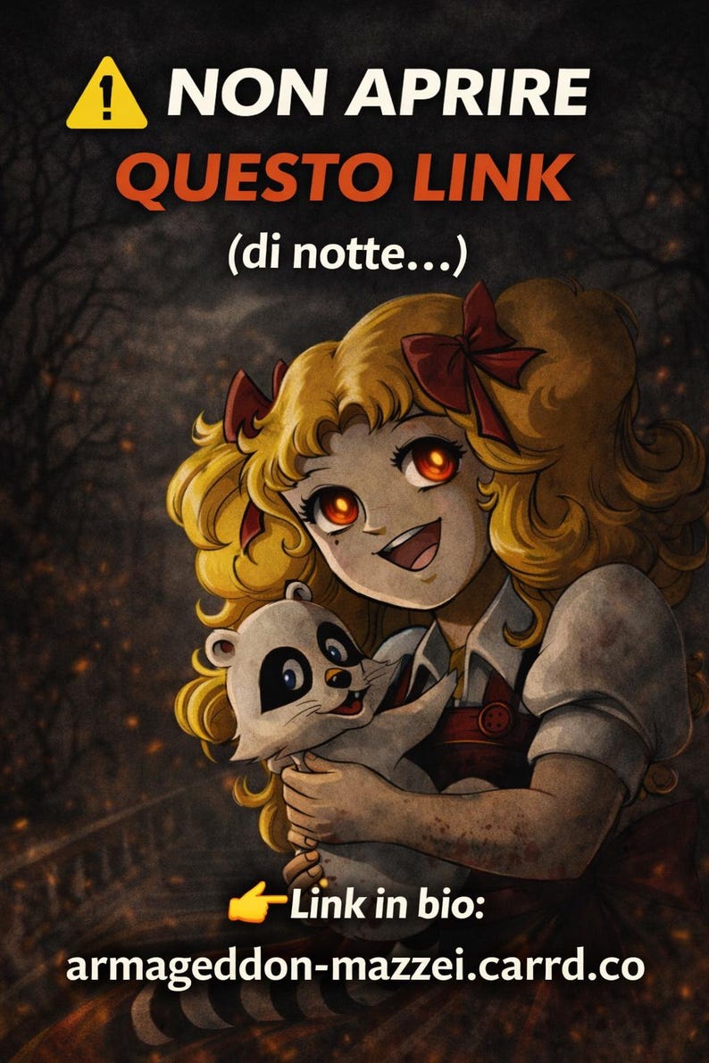 May include: Digital illustration of a girl with blonde hair and red eyes holding a raccoon. The image has text that reads "NON APRIRE QUESTO LINK (di notte...)" and "Link in bio: armageddon-mazzei.carrd.co". The background is dark with a forest.