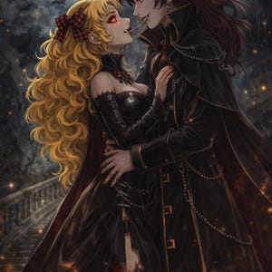 May include: Digital illustration of a couple embracing under a full moon, with bats in the sky. The woman has long blonde hair and a red bow. The man has dark hair and a long black coat. The scene has a gothic, romantic theme.