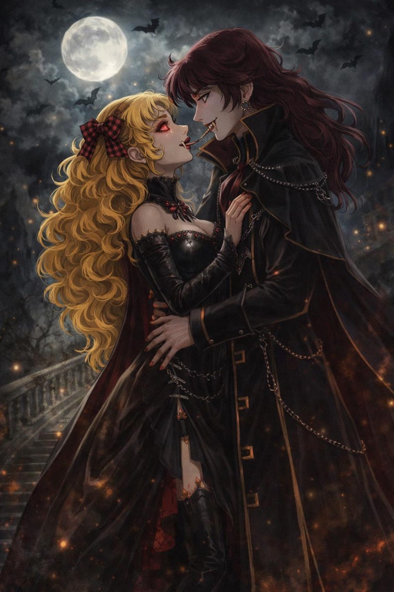 May include: Digital illustration of a couple embracing under a full moon, with bats in the sky. The woman has long blonde hair and a red bow. The man has dark hair and a long black coat. The scene has a gothic, romantic theme.