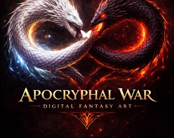 May include: Digital fantasy art featuring two dragons forming a heart shape. One dragon is white with blue accents, the other is black with red accents. The text "APOCRYPHAL WAR" is displayed below the dragons.