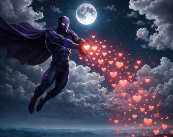 May include: A superhero in a dark purple suit and cape flies through a night sky filled with clouds, a full moon, and stars. The superhero is emitting a stream of glowing red hearts over a city.
