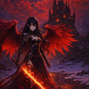 May include: Digital art of a woman with black hair, red eyes, and large red wings, holding a fiery sword. She wears a black dress and stands before a castle under a red sky with a blue moon. Fantasy art.
