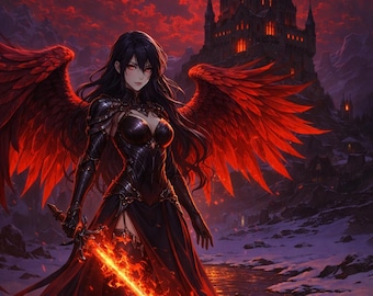 May include: Digital artwork of a woman with black hair, red eyes, and large red wings, holding a fiery sword. She wears a black dress and stands before a castle under a red sky with a blue moon. Fantasy art.