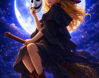 May include: Illustration of a witch with long blonde hair, wearing a red hat and dark cloak, holding a white mask. She is riding a broom against a backdrop of a full moon and starry night sky. The witch is wearing brown boots.