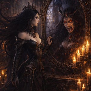 May include: A gothic-themed image featuring a woman in a black gown and crown looking into a mirror. The mirror reflects a demonic figure with horns and red eyes. Lit candles and ornate details create a dark, dramatic atmosphere.
