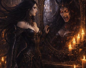 May include: A dark, gothic image of a woman in a black gown and crown gazing into a mirror. The mirror reflects a demonic figure with horns and red eyes. The scene is illuminated by candles, creating a dramatic and ornate atmosphere.