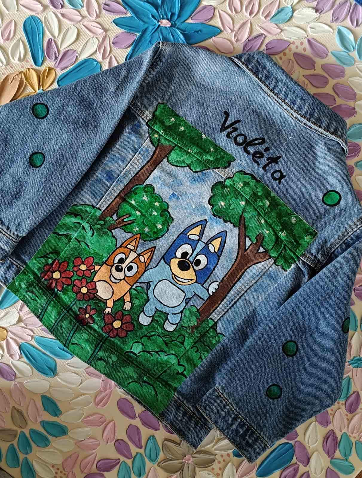 Hand Painted Bluey Denim Jacket Personalized Kids Jacket Cartoon Wearable Art