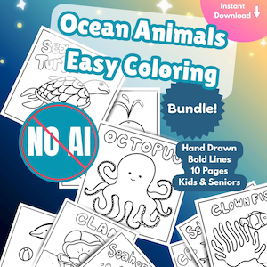 May include: A bundle of printable coloring pages featuring ocean animals, including a turtle, octopus, and clownfish. The pages are hand-drawn with bold lines and are suitable for kids and seniors. The text on the image says "Ocean Animals Easy Coloring".