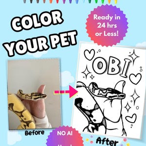 May include: A before-and-after image shows a pet snake and a hand-drawn coloring page. The coloring page features the name "OBI" and is surrounded by hearts and stars. Text includes "COLOR YOUR PET", "Ready in 24 hrs or Less!", "NO AI Hand Drawn", and "Before" and "After".