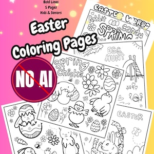 May include: A stack of Easter coloring pages with hand-drawn illustrations of bunnies, chicks, eggs, and flowers. The pages include the words "Easter Coloring Pages", "Easter Words", and "Spring Chicks". The pages are designed for kids and seniors.