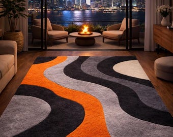 Abstract Hand Tufted Wool Rug, Modern Geometric Area Rug, Black Grey Orange Carpet, New Zealand Wool Rug, Custom Size Rug 8×10