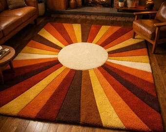 Hand Tufted Wool Sunburst Rug, Retro Radial Pattern, Mid Century Modern Carpet