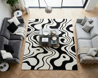 Modern Black and White Swirl Rug-Minimalist Abstract Wavy Area Carpet-Premium Hand Carved Thick Pile Rug for Luxury Living Room Bedroom 8×10