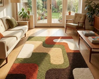 Retro 70s Mid-Century Modern Shag Rug-Groovy Wavy Abstract Geometric Area Carpet-Premium Thick Pile Accent Rug for Living Room 5×8 8×10 9×12