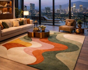 Abstract Wave Area Rug | Boho Green Rust Beige Modern Carpet for Patio, Living Room