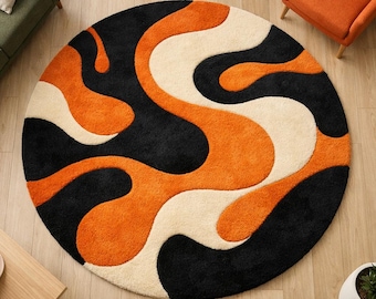 Abstract Round Rug 8x8, Hand Tufted Wool Area Rug, Retro Wave Organic Shape Carpet, Modern Funky Living Room Rug, Custom Size