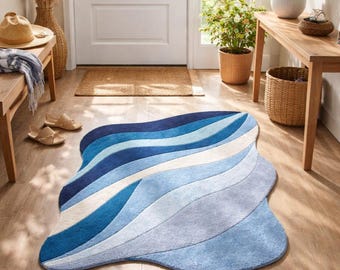 Hand Tufted Wool Rug Blue Abstract Modern Area Rug Custom Size New Zealand Wool Carpet Handmade Home Decor Fast Shipping 1-2 Weeks 6×9