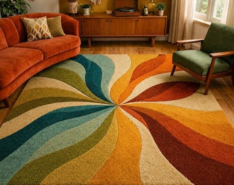 Retro Swirl Area Rug, Mid Century Modern Hand Tufted Wool Rug, Colorful Abstract Carpet, Boho Living Room Rug, Custom Size Rug 6×9 8×10 9×12