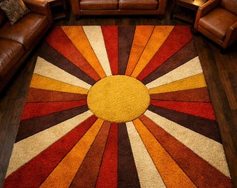 Hand Tufted Wool Sunburst Rug, Retro Radial Abstract Mid Century Modern Carpet