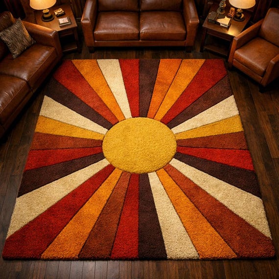 Hand Tufted Wool Sunburst Rug, Retro Radial Abstract Mid Century Modern Carpet
