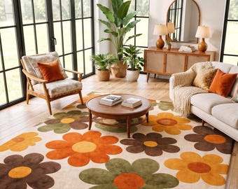 Retro Flower Rug, Daisy Area Rug, Floral Wool Rug, Boho Living Room Carpet, Handmade Tufted Rug, Mid Century Home Decor 5×8 8×10 9×12 10×14