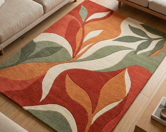 Handmade Botanical Tufted Rug, Abstract Floral Leaf Carpet, Orange Green Beige Area Rug, Modern Boho Living Room Rug, Nature Inspired 8x10.