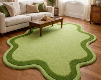 Hand Tufted Green Abstract Rug, Modern Organic Shape Area Rug, Contemporary Designer Carpet, Luxury Living Room Rug, Minimalist Floor Statem