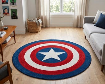 Captain Shield Round Rug, Hand Tufted Wool Rug, Kids Room Superhero Carpet, Custom Gamer Rug, 6x6 Ft Round Rug