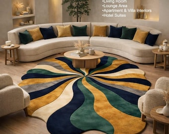 Hand Tufted Abstract Swirl Rug, Modern Multicolor Area Rug, Luxury Designer Carpet, Contemporary Living Room Rug, Unique Shaped Floor Rug