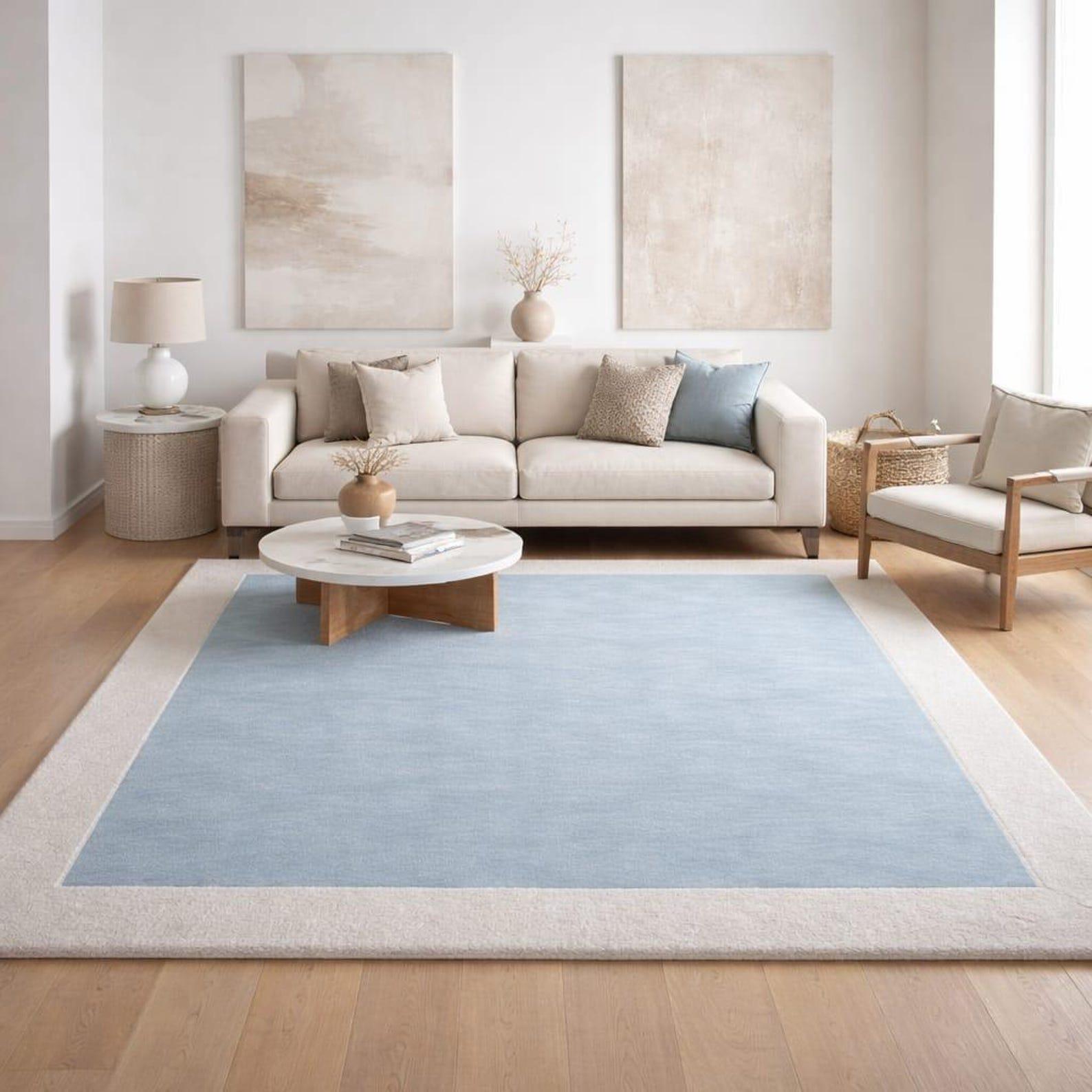 Luxury Minimalist Blue Border Area Rug, Handmade Modern Wool Carpet, Neutral Living Room Rug, Scandinavian Bedroom Rug, Custom Size Rug 8×10