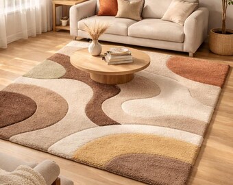 Handmade Abstract Wool Rug – Neutral Earth Tones, Mid Century Boho Living Room Carpet