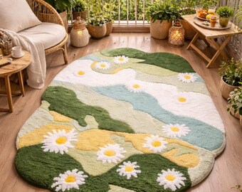 Hand Tufted Daisy Moss Rug |3D Green Floral Wool Area Rug | Furry Botanical Moss Carpet |Nature Inspired Modern Home Decor | Custom Rug 8X10