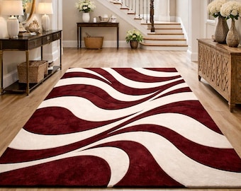 Hand Tufted Wool Abstract Wave Area Rug | Burgundy Red Cream Modern Carpet