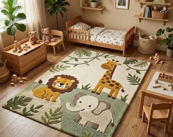 Safari Animals Kids Rug, Jungle Theme Tufted Wool Rug, Lion Giraffe Elephant Zebra Nursery Carpet, Handmade Baby Room Rug 5x7 ft 6×9 ft