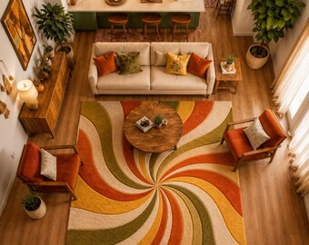 Hand Tufted Rug Retro SWIRL ORANGE GREEN Wool Large Area Rugs For Living Room Bedroom Nursery 6X9 8X10 9X12 10X14 Custom Rug