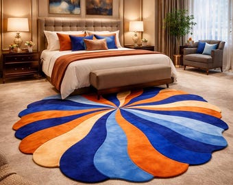 Modern Round Abstract Rug, Colorful Swirl Carpet, Blue Orange Area Rug, Designer Living Room Rug, Aesthetic Home Decor