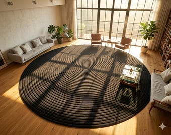 Large Round Zen Concentric Circle Rug-Modern Black Geometric Spiral Area Carpet-Premium Hand Carved Thick Pile Rug for Luxury Living Room