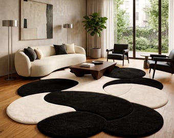 Handgetufteter Wollteppich, Schwarz Creme Organischer Abstrakter, Minimalistischer unregelmäßiger Teppich (200x230)
