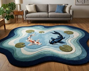 Getuft wollen tapijt koivisvijver, blauw tapijt met onregelmatige golfvorm, handgemaakt tapijt in Japanse stijl, luxe modern tapijt 6 x 9 ft