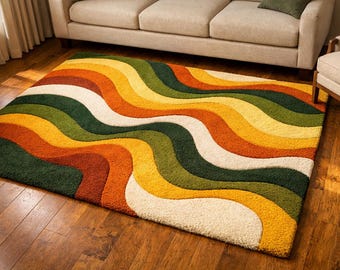 Alfombra de lana tejida a mano con diseño retro ondulado, alfombra de pelo largo multicolor abstracta, lana de Nueva Zelanda.