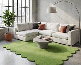 Hand Tufted Green Scalloped Rug, Organic Shape Wool Area Rug, Modern Minimalist Living Room Carpet, Custom Rug 8x10 Ft