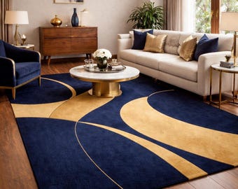 Navy Blue Gold Abstract Rug, Luxury Modern Area Rug, Geometric Art Deco Carpet, Large Living Room Rug, Designer Statement Rug, Custom Size R