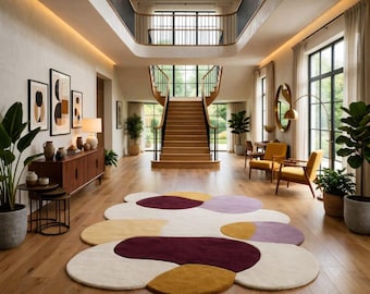 Hand-getufteter abstrakter Wollteppich, organischer, unregelmäßiger Mid Century Teppich aus Neuseeland-Wolle