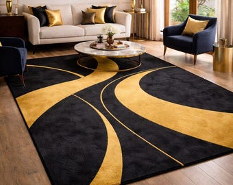 Handmade Black Gold Abstract Rug, Luxury Modern Area Rug, Designer Living Room Carpet, Contemporary Tufted Statement Rug 6×9 8 X10